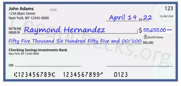 Fifty Five Thousand Six Hundred Fifty Five and 00/100 filled out on a check