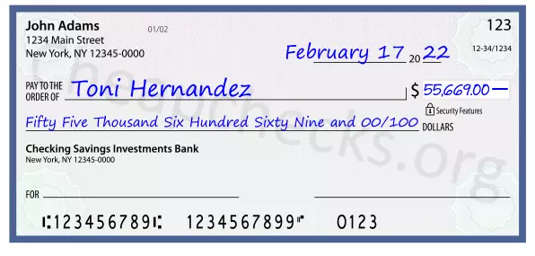 Fifty Five Thousand Six Hundred Sixty Nine and 00/100 filled out on a check