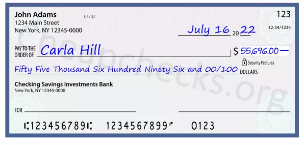 Fifty Five Thousand Six Hundred Ninety Six and 00/100 filled out on a check