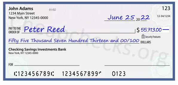 Fifty Five Thousand Seven Hundred Thirteen and 00/100 filled out on a check