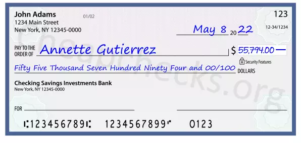 Fifty Five Thousand Seven Hundred Ninety Four and 00/100 filled out on a check