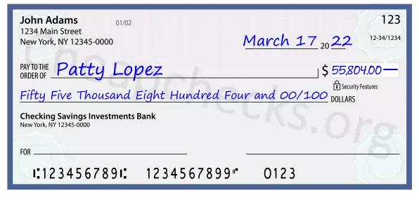 Fifty Five Thousand Eight Hundred Four and 00/100 filled out on a check