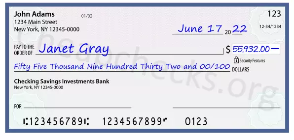 Fifty Five Thousand Nine Hundred Thirty Two and 00/100 filled out on a check