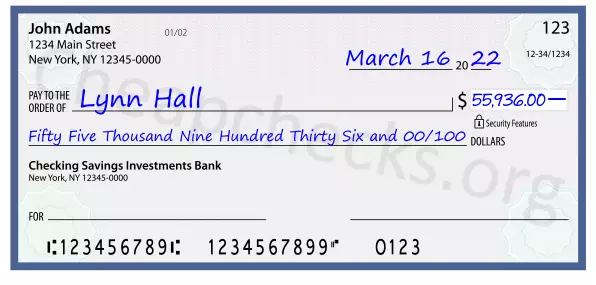 Fifty Five Thousand Nine Hundred Thirty Six and 00/100 filled out on a check