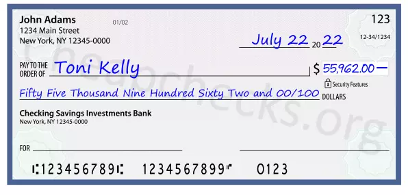 Fifty Five Thousand Nine Hundred Sixty Two and 00/100 filled out on a check