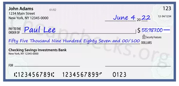 Fifty Five Thousand Nine Hundred Eighty Seven and 00/100 filled out on a check