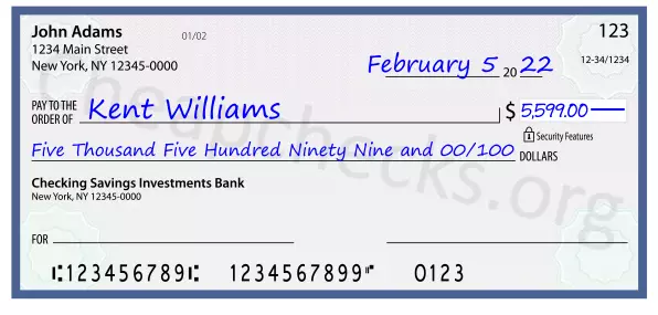 Five Thousand Five Hundred Ninety Nine and 00/100 filled out on a check