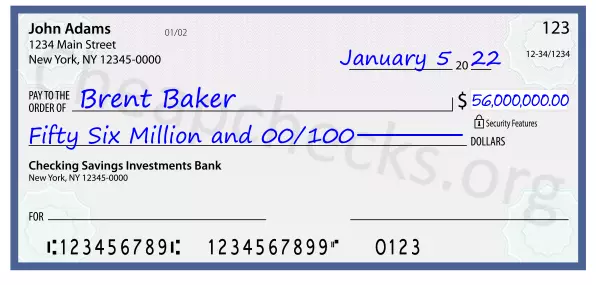 Fifty Six Million and 00/100 filled out on a check