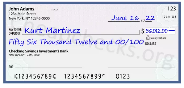 Fifty Six Thousand Twelve and 00/100 filled out on a check