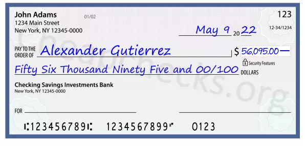 Fifty Six Thousand Ninety Five and 00/100 filled out on a check