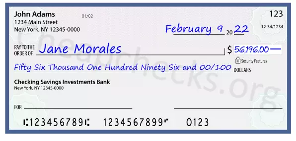 Fifty Six Thousand One Hundred Ninety Six and 00/100 filled out on a check