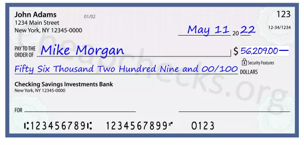 Fifty Six Thousand Two Hundred Nine and 00/100 filled out on a check