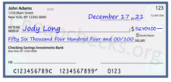 Fifty Six Thousand Four Hundred Four and 00/100 filled out on a check