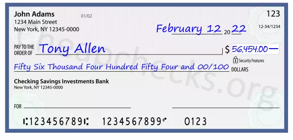 Fifty Six Thousand Four Hundred Fifty Four and 00/100 filled out on a check