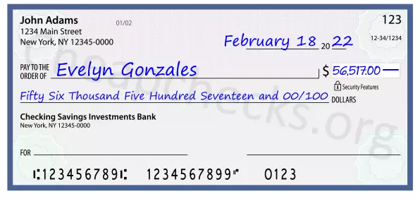 Fifty Six Thousand Five Hundred Seventeen and 00/100 filled out on a check