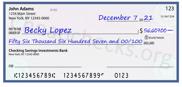 Fifty Six Thousand Six Hundred Seven and 00/100 filled out on a check