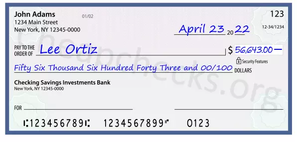 Fifty Six Thousand Six Hundred Forty Three and 00/100 filled out on a check