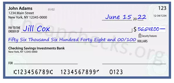 Fifty Six Thousand Six Hundred Forty Eight and 00/100 filled out on a check