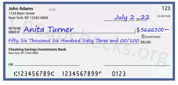 Fifty Six Thousand Six Hundred Sixty Three and 00/100 filled out on a check