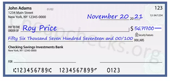 Fifty Six Thousand Seven Hundred Seventeen and 00/100 filled out on a check