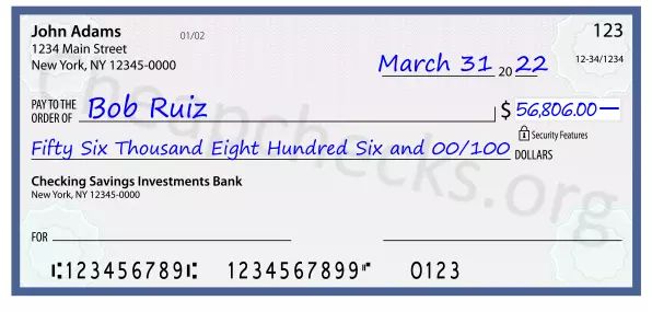 Fifty Six Thousand Eight Hundred Six and 00/100 filled out on a check