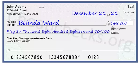 Fifty Six Thousand Eight Hundred Eighteen and 00/100 filled out on a check