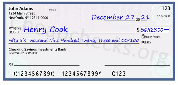 Fifty Six Thousand Nine Hundred Twenty Three and 00/100 filled out on a check