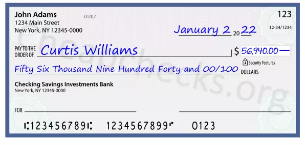 Fifty Six Thousand Nine Hundred Forty and 00/100 filled out on a check