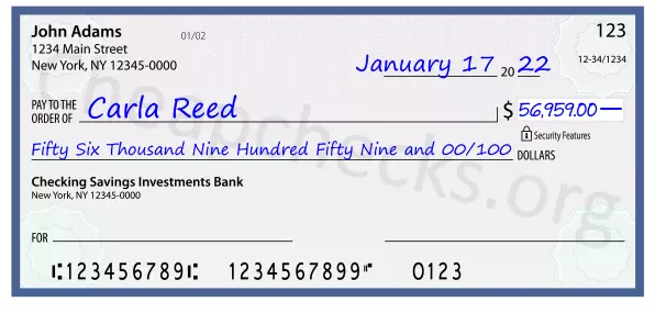 Fifty Six Thousand Nine Hundred Fifty Nine and 00/100 filled out on a check