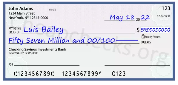 Fifty Seven Million and 00/100 filled out on a check