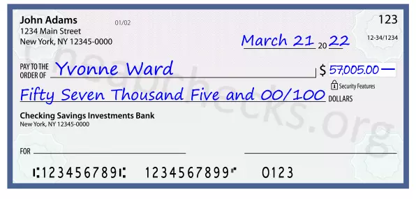 Fifty Seven Thousand Five and 00/100 filled out on a check