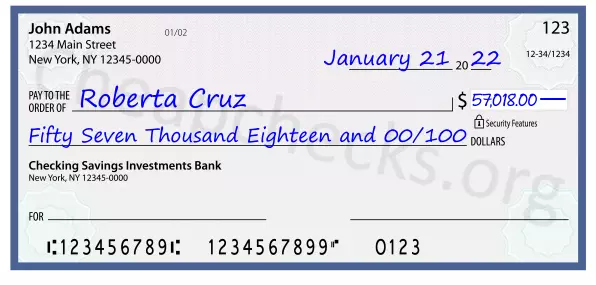 Fifty Seven Thousand Eighteen and 00/100 filled out on a check