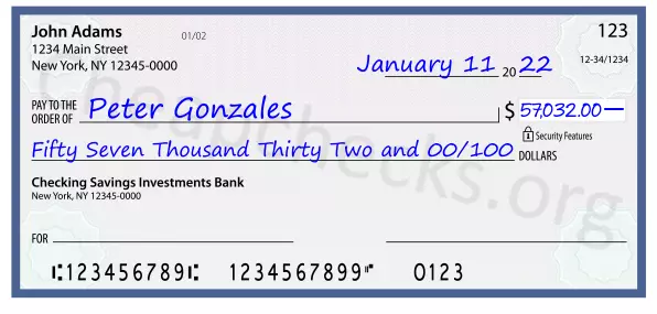 Fifty Seven Thousand Thirty Two and 00/100 filled out on a check