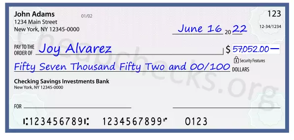 Fifty Seven Thousand Fifty Two and 00/100 filled out on a check