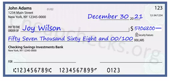 Fifty Seven Thousand Sixty Eight and 00/100 filled out on a check