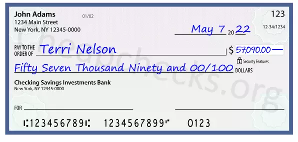 Fifty Seven Thousand Ninety and 00/100 filled out on a check