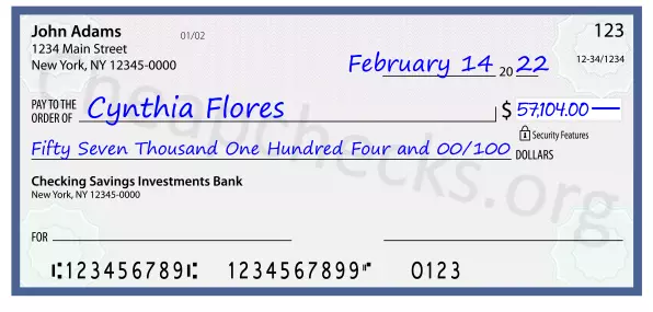 Fifty Seven Thousand One Hundred Four and 00/100 filled out on a check