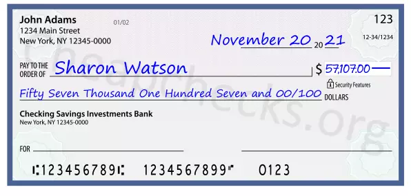 Fifty Seven Thousand One Hundred Seven and 00/100 filled out on a check