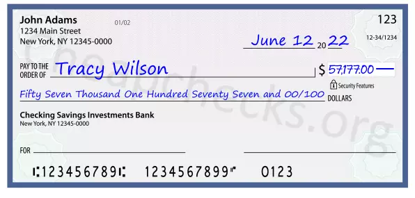 Fifty Seven Thousand One Hundred Seventy Seven and 00/100 filled out on a check