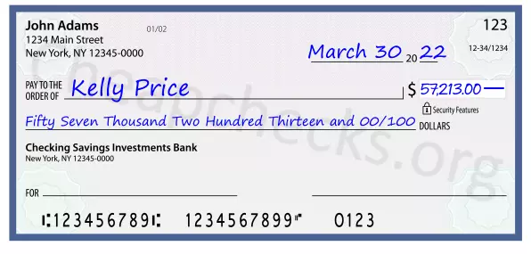 Fifty Seven Thousand Two Hundred Thirteen and 00/100 filled out on a check