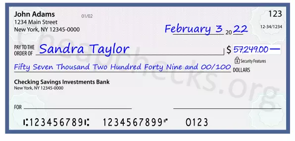 Fifty Seven Thousand Two Hundred Forty Nine and 00/100 filled out on a check