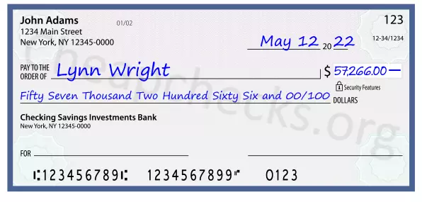 Fifty Seven Thousand Two Hundred Sixty Six and 00/100 filled out on a check