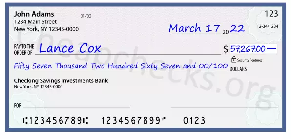 Fifty Seven Thousand Two Hundred Sixty Seven and 00/100 filled out on a check