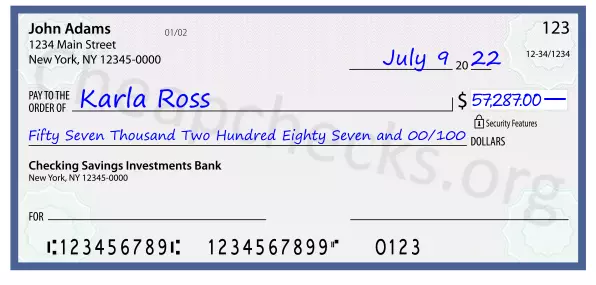 Fifty Seven Thousand Two Hundred Eighty Seven and 00/100 filled out on a check