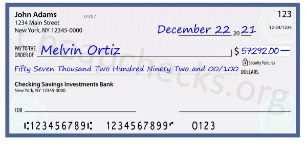 Fifty Seven Thousand Two Hundred Ninety Two and 00/100 filled out on a check