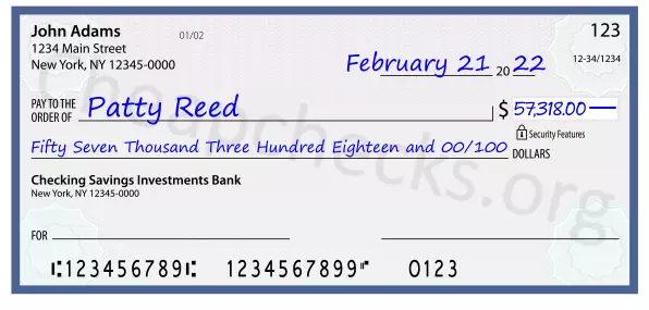 Fifty Seven Thousand Three Hundred Eighteen and 00/100 filled out on a check