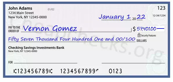 Fifty Seven Thousand Four Hundred One and 00/100 filled out on a check