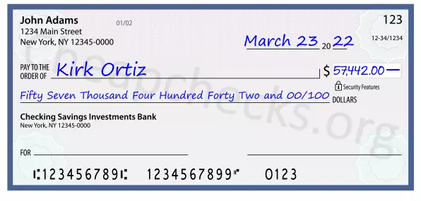 Fifty Seven Thousand Four Hundred Forty Two and 00/100 filled out on a check