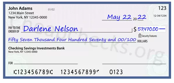 Fifty Seven Thousand Four Hundred Seventy and 00/100 filled out on a check