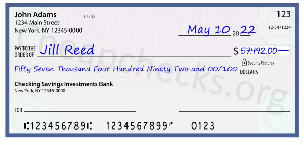 Fifty Seven Thousand Four Hundred Ninety Two and 00/100 filled out on a check